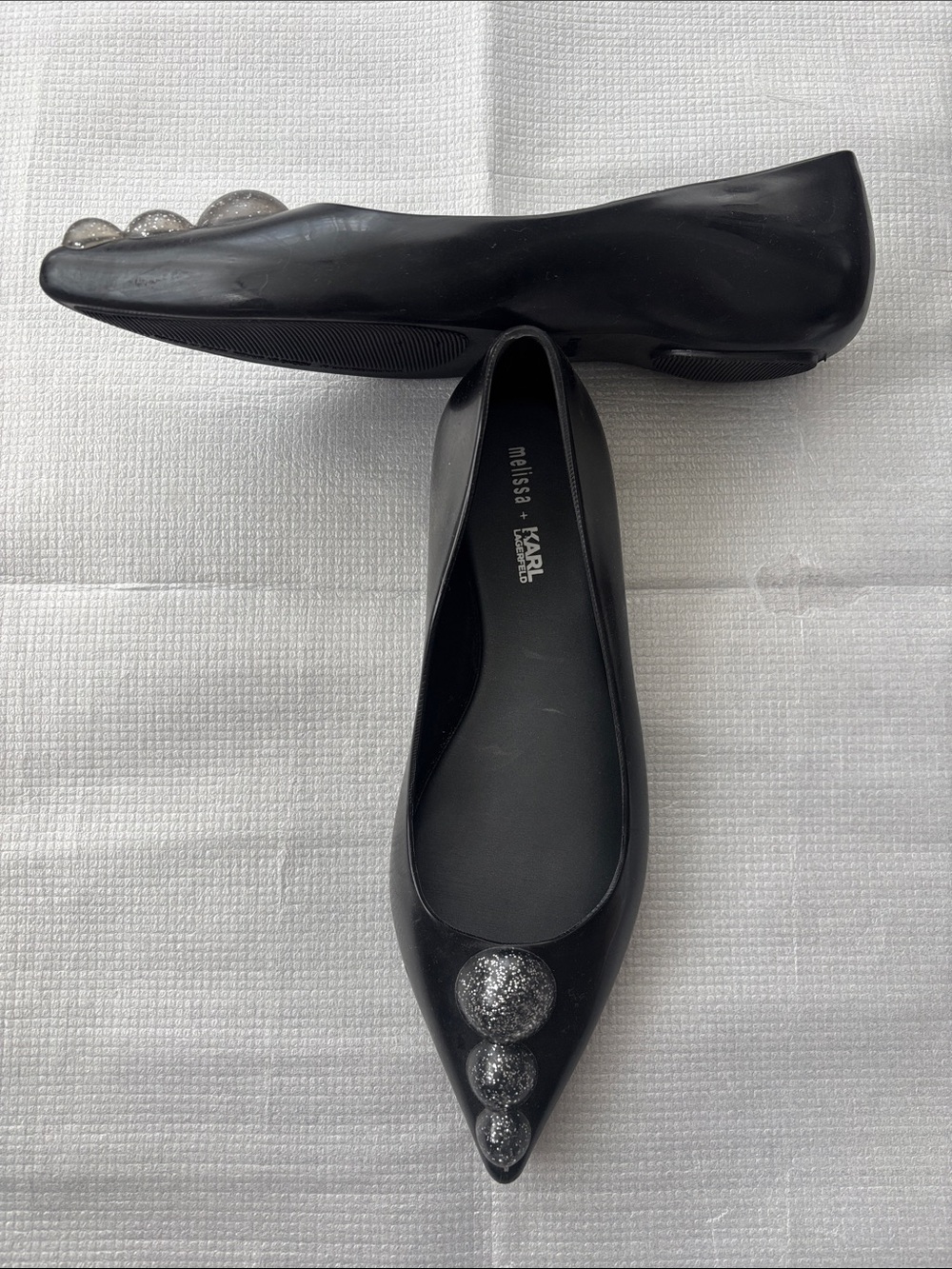 Melissa x Karl Black Pointed Jelly Flats with Sparkling Silver Orbs